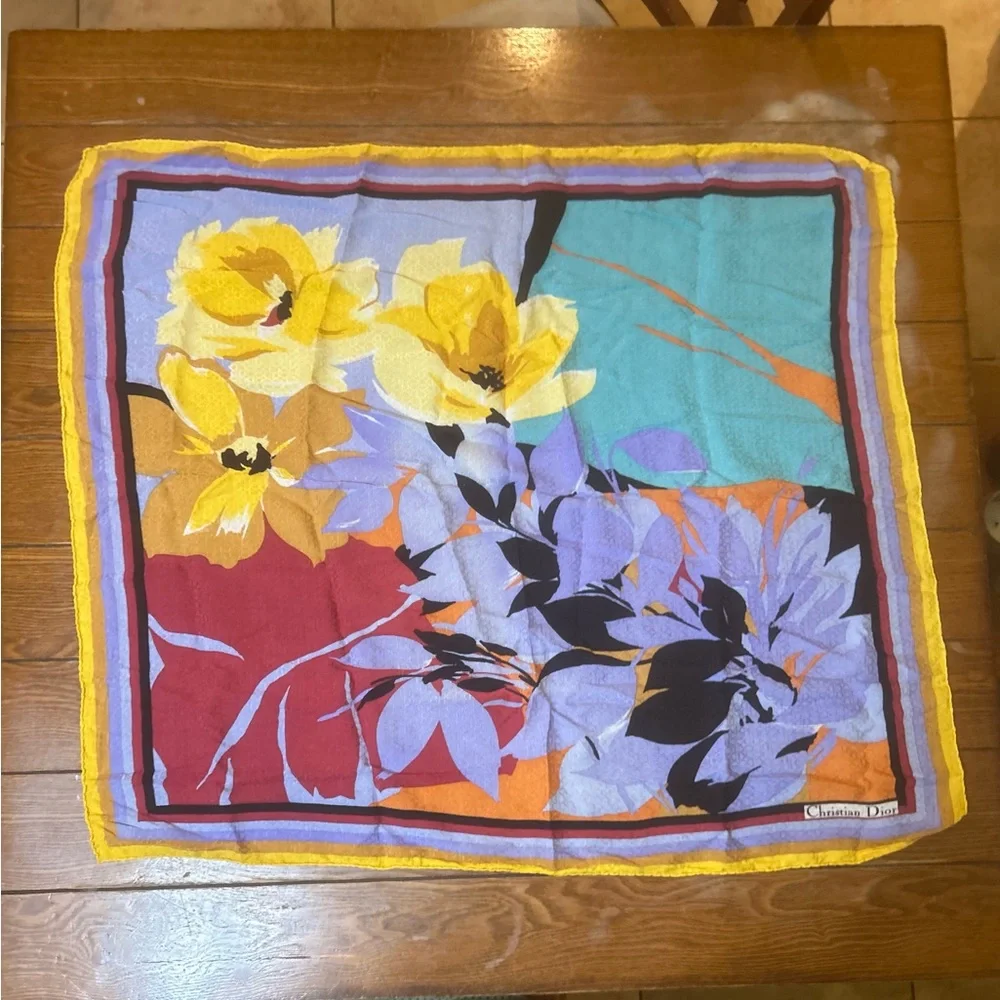 Christian Dior 100% Silk Scarf Floral Print Multicolor Colorful